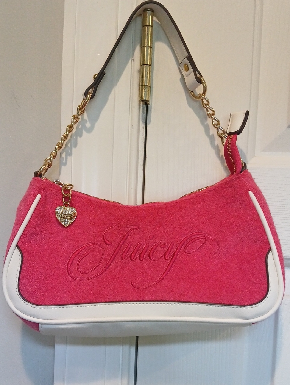 Juicy Couture Hot Pink Suede Shoulder Bag with Gold Chain